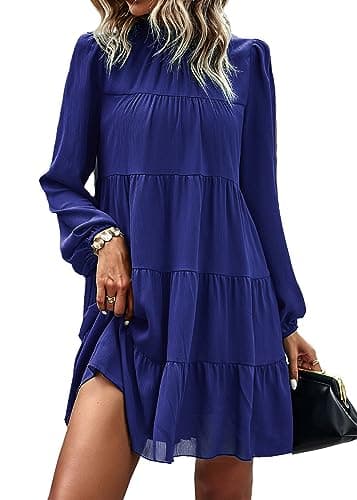 KIRUNDO Long Sleeve Baby Doll Dresses Women 2026 Casual Summer Fall Ruffle Mock Neck Tiered Mini Flowy Swing Shift Dress(Blue, X-Large) - Image 1