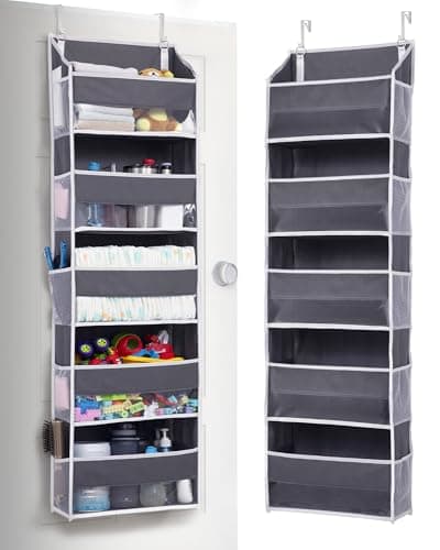 ULG 1 Pack Over Door Organizer with 5 Large and 10 Mesh Side Pockets, 44 lbs Weight Capacity Hanging Storage with Clear Window Kids Toys, Shoes, Diapers, Dark Grey, 5 Layers - Image 1