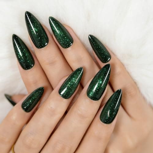 Green Cat Eye Press on Nails Almond Medium Fake Nails Sparkly Glitter Black False Nails Press ons Designs Gradient Gel Glue on Artificial Nails for Women Manicure 30Pcs - Thumbnail 2
