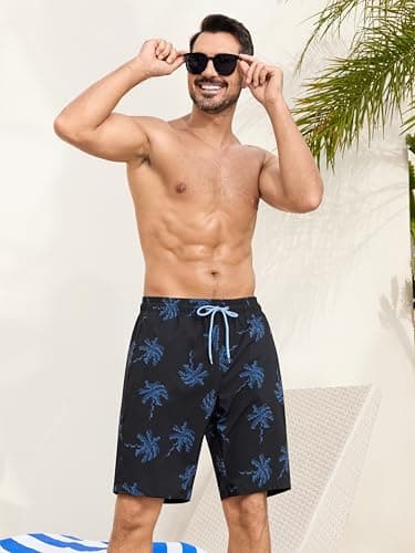 SILKWORLD Mens Swimming Trunks with Compression Liner 2 in 1 Quick-Dry 9" Swim Shorts with Zipper Pockets, Black Coconut Tree, X-Large - Thumbnail 2