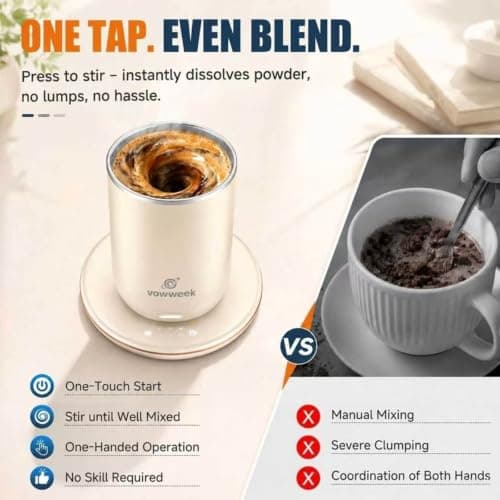 Self Stirring Coffee Mug, 10 oz Heated Mug with Magnetic Stirring, White - Thumbnail 2