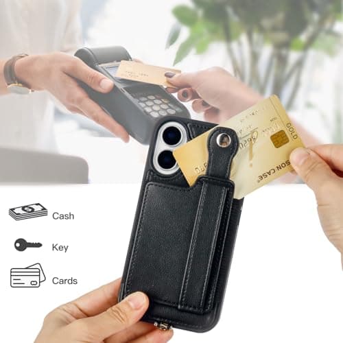TOOVREN Phone Case for iPhone 16 Wallet Case with Card Holder Stand Strap Lanyard Case fits iPhone 16 Case with Wallet PU Leather Shockproof Detachable Phone Cover for Women & Men 6.1 Inch Black - Thumbnail 5