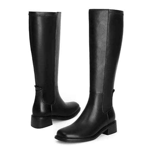 QIY Black Boots for Women Low Heel Knee High Black Heeled Boots for Women Dress Block Chunky Heel Square Toe Leather Tall Long Flat Boots No Heel Size 6.5 - Thumbnail 5