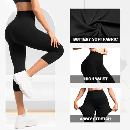 Leafigure 2-Pack Capri Leggings for Women, High Waisted Soft Yoga Pants for Gym Workout Black S-M - Thumbnail 4