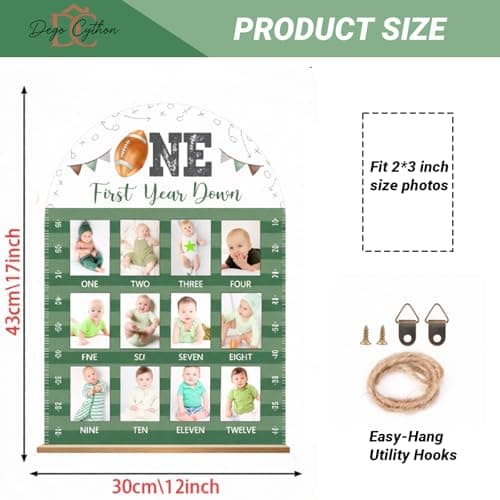 Football 1st Birthday Photo Board for Boys, 12 Monthly Milestone Wooden Frame, First Year Down Party Decor, 5x7cm/2x2.8in Photo Display, Sports Themed Keepsake Gift for Baby Showers & Nursery - Thumbnail 6