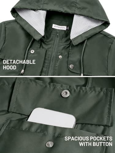 PITINAN Raincoat For Women Long Windbreaker Jacket Womens Rain Coat with Hood Outdoor Waterproof Trench Coat Lined Rain Jacket Women Waterproof Dark Green S - Thumbnail 4