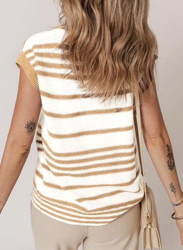 Dokotoo Striped V Neck Button Sweater Vest Women Crochet Tops for Women 2026 Womens Vest Plus Size Fashion Khaki Medium - Thumbnail 2