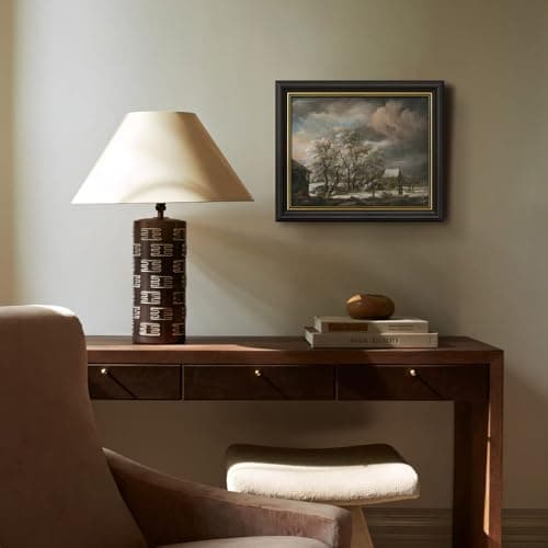 DAJONART Vintage Gold Framed Moody Winter Wall Art, Snowy Village Landscape with Dog & Cottage, Framed Canvas Prints Painting Christmas Decor, Rustic Holiday Gift for Home, 8x10 - Thumbnail 3