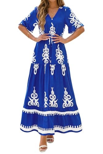 BTFBM Womens Summer Dresses 2026 Spring Casual Short Sleeve v Neck Boho Floral Flowy A-Line Tiered Maxi Dress Pockets(Floral Blue White, Medium) - Thumbnail 6