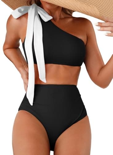 Herseas Women's Black Bikini Sets One Bow Shoulder Top Swim Suits Cut Out Back 2026 High Waisted Bottom Slimming Sexy Wire Free Bathing Suit Cruise Essentails Small - Image 1