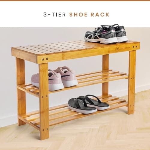 Leaf & Grain Bamboo Shoe Rack - Shoe Storage Bench for Front Door Entrance - Entryway Bench with Shoe Shelf, Shoe Storage Organizer, Wooden Shoe Rack, Durable Shoe Bench for Home (Natural) - Thumbnail 4