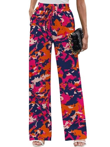 Heymoments Women Wide Leg Pants Rosy Clouds X-Large High Waist Loose Casual Pants Adjustable Tie Knot Belted Long Straight Trousers with Pockets - Image 1