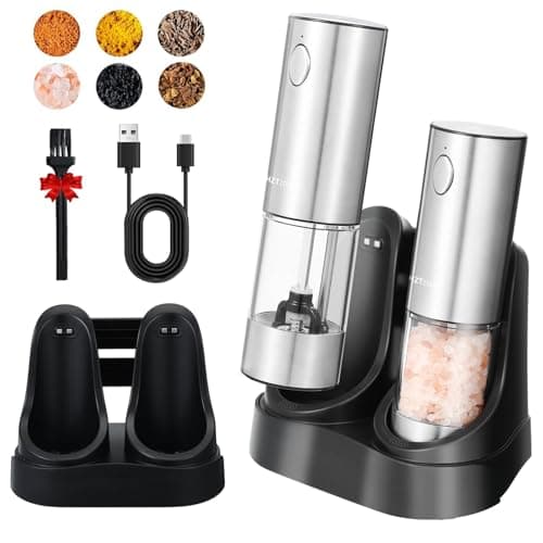Rechargeable Electric Salt and Pepper Grinder Set with Charging Base, One Handed Automatic Pepper Mill, Adjustable Coarseness, LED Light, Stainless Steel - Image 1