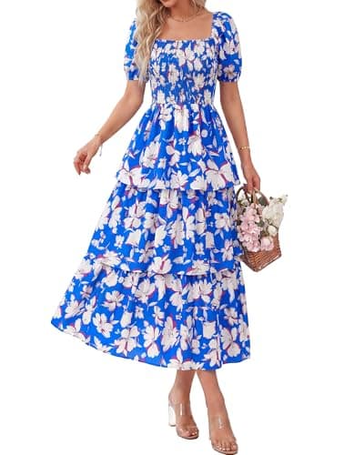 BTFBM Womens Square Neck Smocked Dress Summer Puff Short Sleeve Floral Casual Ruffle Tiered Maxi Wedding Guest Dresses(Floral Blue White, Small) - Image 1