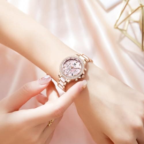 OLEVS Women's Rose Gold Watch Luxury Pink Mother of Pearl Dial Waterproof Ceramic Stainless Steel Bracelet Elegant Ladies Chronograph Watch Quartz Diamond Bezel Fashion Gift Her reloj para Mujer - Thumbnail 3