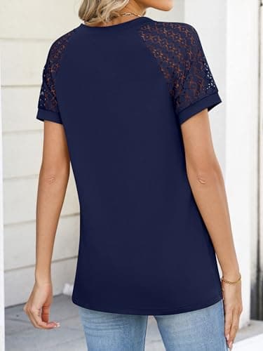 ANRABESS Womens Short Sleeve V Neck Shirts Lace Dressy Casual Blouse 2026 Summer Business Work Tops Vacation Trendy T-Shirts Deep Royal Blue Large - Thumbnail 5