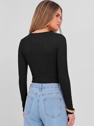 ANRABESS Women's Long Sleeve Deep V Neck Tops Black Medium - Thumbnail 5