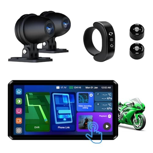 AlienRider M12S-200 Motorcycle 77G Millimeter-Wave Radar Blind Spot Warning,Dash cam Front and Rear,Wireless CarPlay/Android Auto,Wired Remote, Night Vision,TPMS,G-Sensor,1080P(Host+Tpms+ Cameras) - Image 1