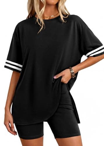 KIRUNDO Women's 2 Piece Lounge Set Airport Travel Outfit 2026 Summer Oversized Shirts Matching Biker Shorts Fashion Clothing(Black, X-Large) - Thumbnail 2