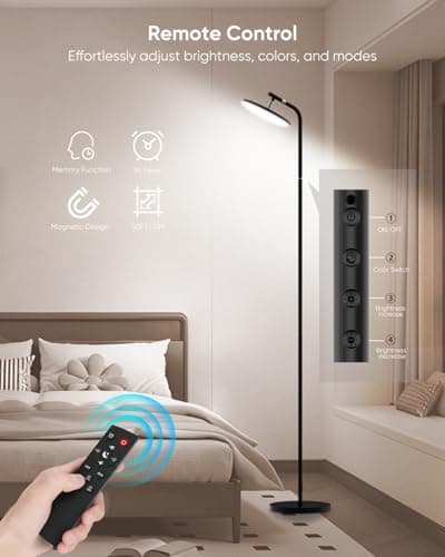 RUNBARRY LED Floor Lamp, 36W Super Bright Standing Lamp with Remote & Touch Control, 69" Stepless Dimmable Torchiere Floor Lamps, 350° Rotating Head Floor Lamp for Bedroom, Living Room, Office, Black - Thumbnail 4