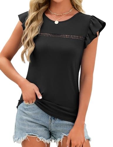 JUSTFASHIONNOW Womens Ruffle Short Sleeve Tops Black Cute Summer Shirts Dressy Casual Crew Neck Blouses 2026 Fashion Outfits(Black,Small) - Thumbnail 5