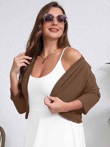 AusLook Plus Size Women Bolero Shrugs 3/4 Sleeve Coffee 3X Open Front Knit Lightweight Coat Cropped Tops Shawls and Wraps Cardigan Dressy Sweater Clothes - Thumbnail 3