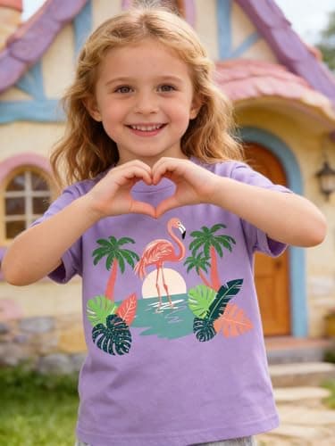 Funnycokid Little Girls Shirt Size 6 7 Kids Pink Tee Hawaiian Flamingo Animal T-Shirt Graphic Short Sleeve Clothes Tops - Thumbnail 6