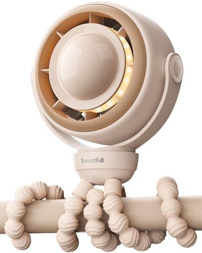 SWEETFULL Baby Stroller Fan - 4000mAh Rechargeable 4-Speed Quiet with LED Display & Night Light, Mini Portable 360° Clip On Safe Fan for Car Seat, Crib, Travel - Brown - Image 1