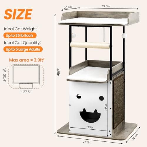 Feliskyn Wood Modern Cat Tree Tower for Indoor Large Cats,48-Inch Tall Wooden Cat Trees with Big Perch Bed, Multi-Level Condo with Scratching Board and Posts, Removable Pads, Cat Furniture, Greige - Thumbnail 5