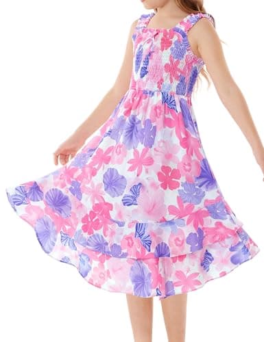 GRACE KARIN Party Dresses for Girls Elastic Straps Smocked Maxi Long Casual Boho Dress 8-10,Pink Purple Tropical - Thumbnail 2
