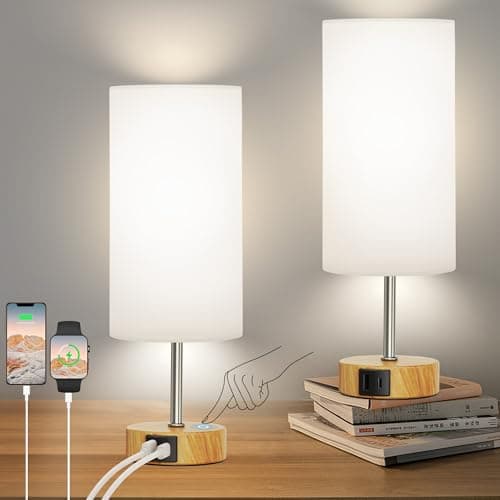 ROTTOGOON 12.8" Touch Control Table Lamp, 3-Way Dimmable Small Bedside Nightstand Lamp with 2 USB Ports, Modern Table Lamp with 5000K Daylight LED Bulb for Living Room (2 Pack) - Image 1