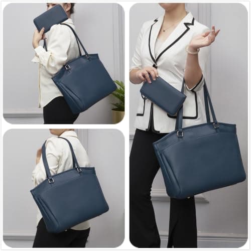 YZAOLL 15.6 Inch Laptop Tote Bag for Women,Water-resistant Vegan Leather with Anti-Scratch Padded Sleeve,Lightweight Multi-Pocket Work Bag for Business Travel,College,Office Essentials,SeaBlue - Thumbnail 2