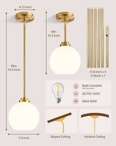 Majade Globe Pendant Lights Mid Century Modern Kitchen Island Pendant Light Fixtures 7.4 Inch Gold Brass Pendant Lighting with Milk Glass Adjustable Hanging Light Fixtures for Dining Room(2 Pack) - Thumbnail 4