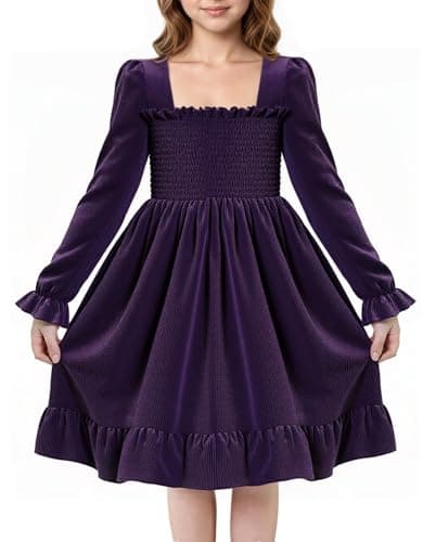 JiAmy Toddler Velvet Dress Girls Puff Long Sleeve Smocked Square Neck Fall Winter Casual Dresses Purple 1-2Y - Image 1
