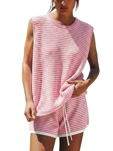 EXLURA Women's Sleeveless Sweater Set 2 Piece Outfits Striped Crewneck Knit Tank Tops and Shorts Summer Sporty Lounge Sets - Image 1