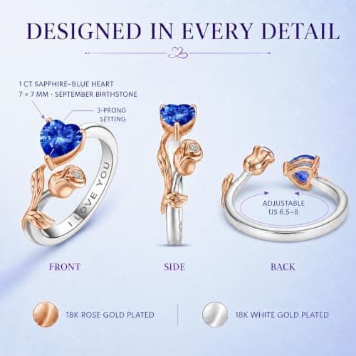 1CT Rose Heart Adjustable Ring 6.5~8 Sapphire Ring Sapphire VVS1 D Clarity 18K White/Rose Gold Gift for Wife Mother Daughter Birthday Wedding Engagement Christmas Anniversary Mothers Day Gift for Mom Bride - Thumbnail 6