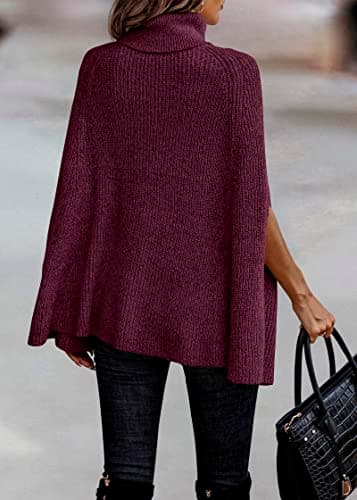 KIRUNDO Women's 2026 Fall Winter Turtleneck Poncho Sweater Fashion Chunky Knit Cape Wrap Sweaters Pullover Jumper Tops(Dark Purple Red, Medium) - Thumbnail 5