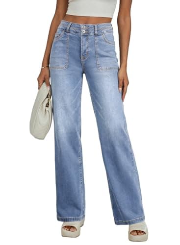 EVALESS Straight Leg Jeans for Women 2025 Trendy Fashion Womens Stretchy High Waisted Wide Leg Jeans Casual Zimbaplatinum Denim Pants with Pockets Iceland Blue Size 6 - Image 1