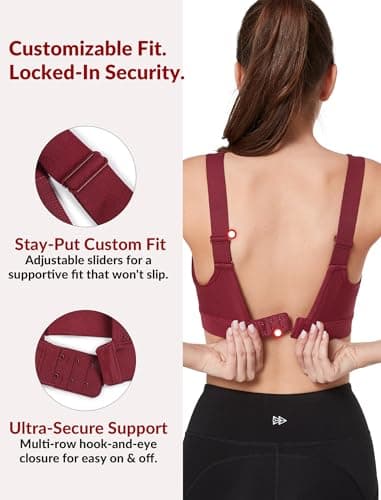 Yvette Supportive Adjustable Sports Bras for Women High Impact Support, Sewn-in Molded Cup Running Bra Large Bust No Bounce, Wireless Comfortable Workout HIIT with Hook & Eye Closure,Wine Red, 3XL+ - Thumbnail 4
