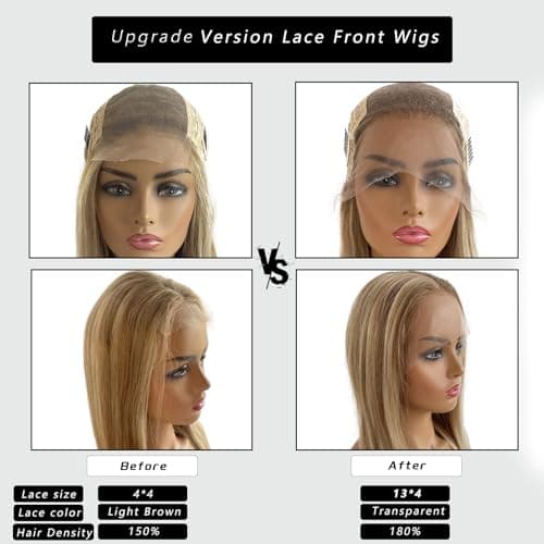 Upgrade - 13*4 Lace Front Straight Wigs for Women,Brown Roots mixed Golden brown and blonde,Glueless Ombre Highlights Blonde Lace Frontal Human Hair Wig with HD Lace ,Pre Plucked with Natural Hairline - Thumbnail 4