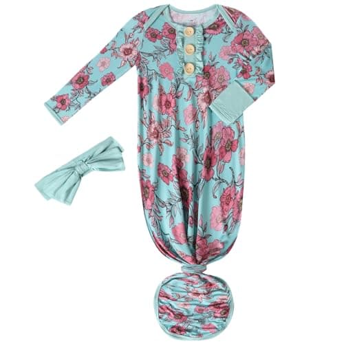 Baby Newborn Knotted Gown, Soft Breathable Viscose from Bamboo for Infant Home Coming Outfit, Knotted Gown with Headband (Yard Pink Flower, Newborn) - Image 1