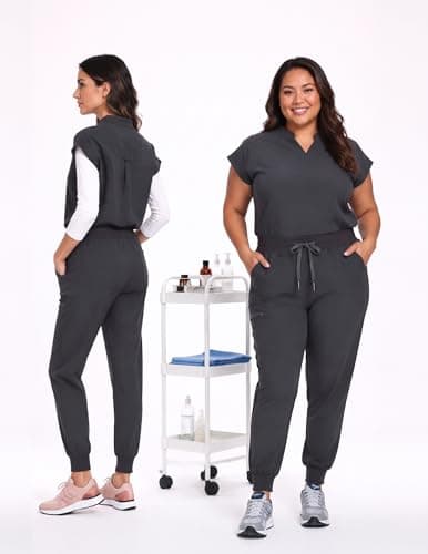 VECARDI Women's Scrub Jogger Pants High Waisted Stretch Nurse Work Bottoms 5 Pockets Elastic Waist Slim Fit Grey - Thumbnail 4