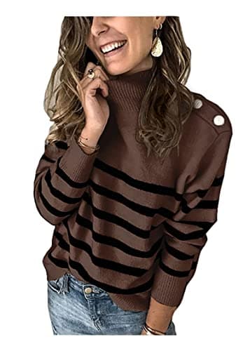 KIRUNDO Fall Sweaters for Women 2026 Striped Turtleneck Ribbed Knit Sweater Trendy Pullover Jumper Winter Fashion Clothing(Medium, Coffee) - Image 1