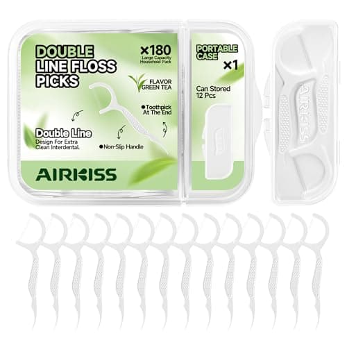 airkiss Double Line Dental Floss Picks with Portable Case, 180 Count, Green Tea Flavor, Ideal for Teeth Cleaning and Fresh Breath