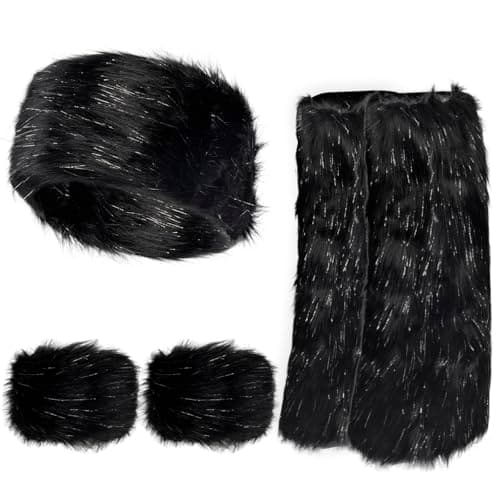 QZUnique Fuzzy Fur Leg Warmers Set - 3 Pcs Women Winter Furry Boot Cuffs Faux Fur Headband Wrist Bands Cover Long Leg Warmers - Image 1