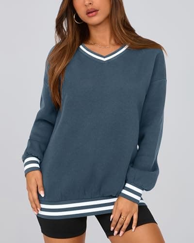 PRETTYGARDEN Women's Oversized Sweatshirts Casual Long Sleeve Stripes Knit V Neck Pullover Top Spring Preppy Clothes(Grey Blue,XX-Large) - Thumbnail 2