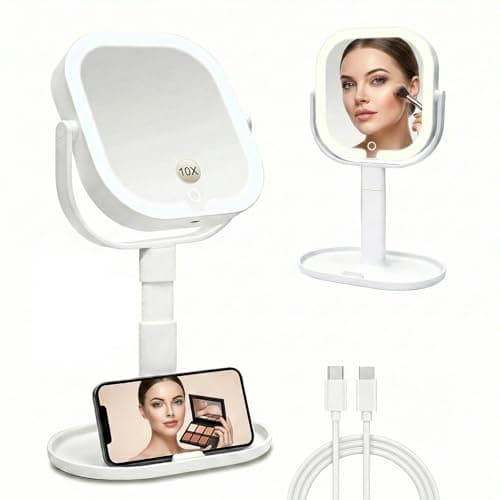 Makeup Mirror with Lights, 1X/10X Magnifying Mirror with Light, Rechargeable Lighted Makeup Mirror with Magnification, 3-Color Lighting, Height Adjustable 360° Rotation Desk Mirror, Gift for Women