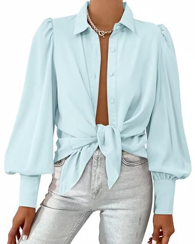 BTFBM Summer Blouses for Women Dressy Casual 2026 Long Sleeve Button Down Shirt V Neck Boho Spring Tops Fashion Clothing(Solid Light Blue, X-Large) - Image 1