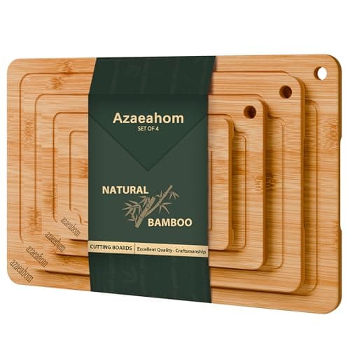 Bamboo Cutting Boards for Kitchen, 4-Piece Wood Cutting Board Set with Juice Grooves & Built-in Handles, Easy Storage & Clean Chopping Board for Meat, Vegetables, Fruit - Image 1