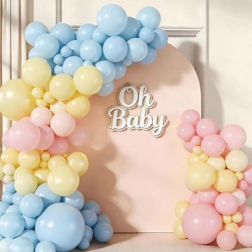 Pastel Balloon Garland Arch Kit, 143pcs Macaron Pink Yellow Blue Latex Balloons for Gender Reveal Baby Shower Wedding Birthday Party Decoration - Image 1